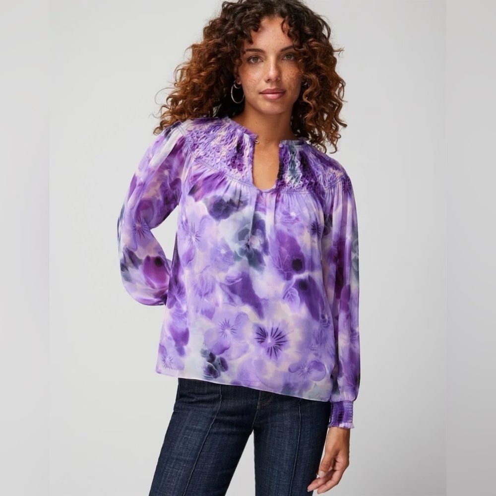 White House Black Market Long Sleeve Smocked Printed Blouse Large Purple